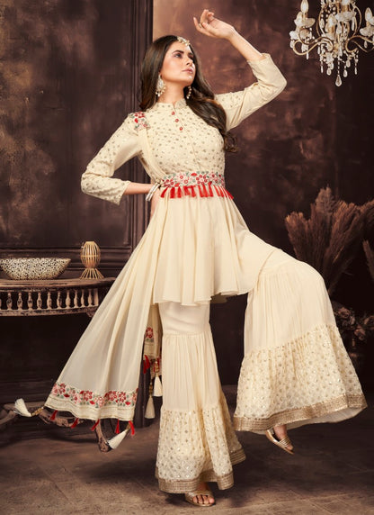 Beige Premium Fabric Designer Flaired palazzo kameez set