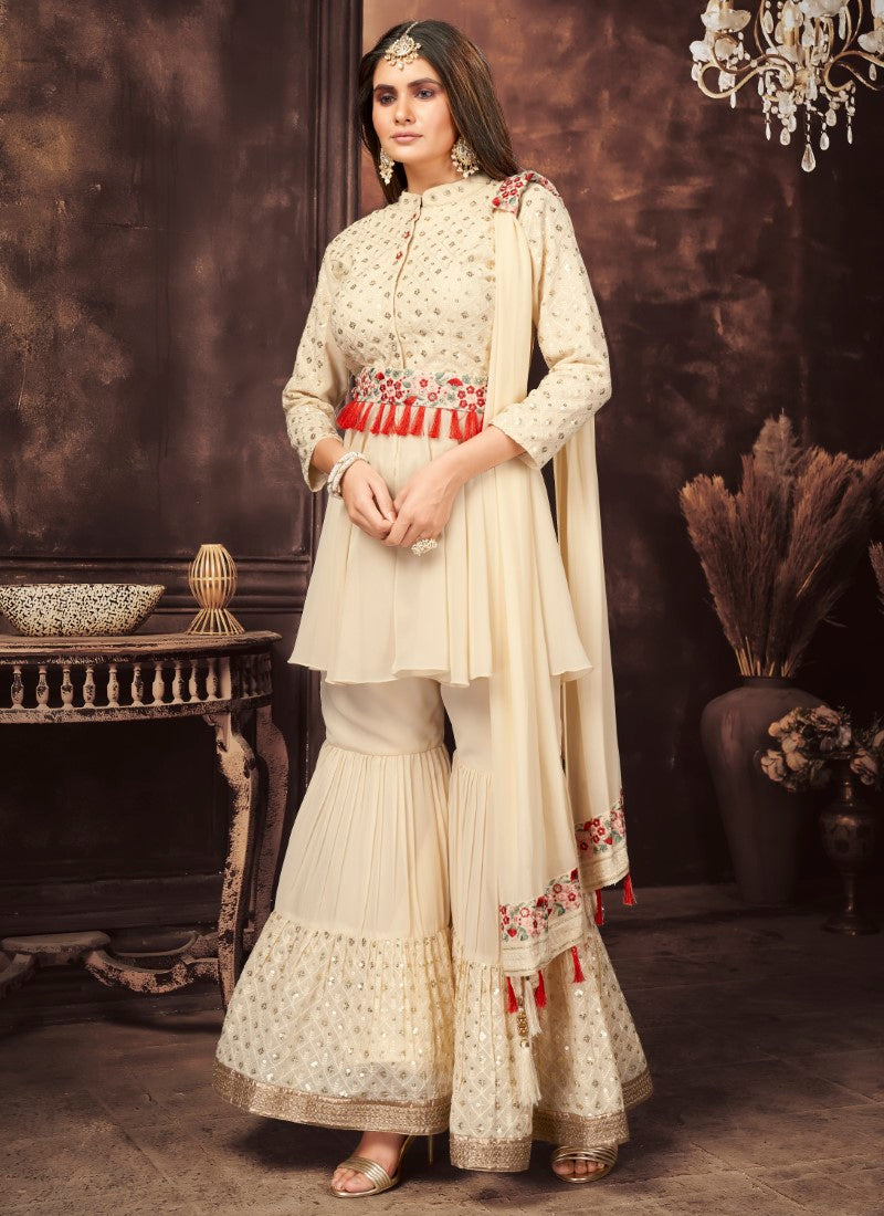 Beige Premium Fabric Designer Flaired palazzo kameez set