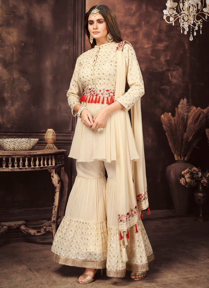 Beige Premium Fabric Designer Flaired palazzo kameez set