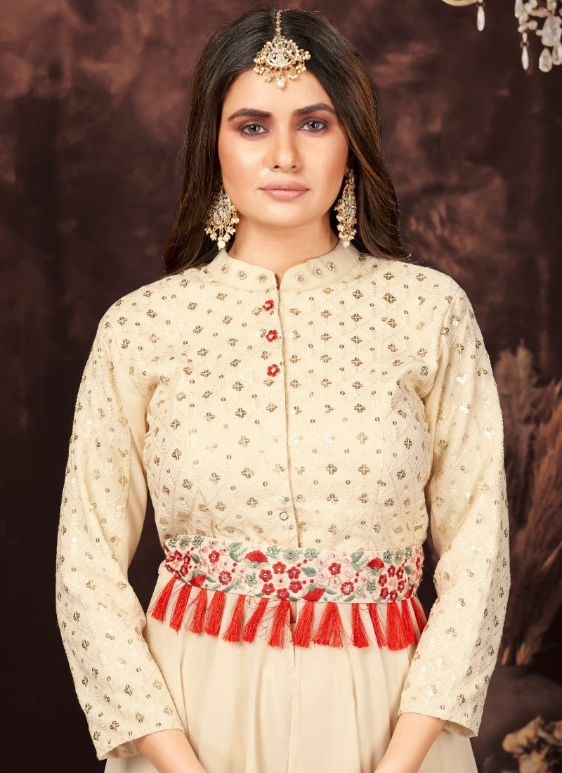 Beige Premium Fabric Designer Flaired palazzo kameez set