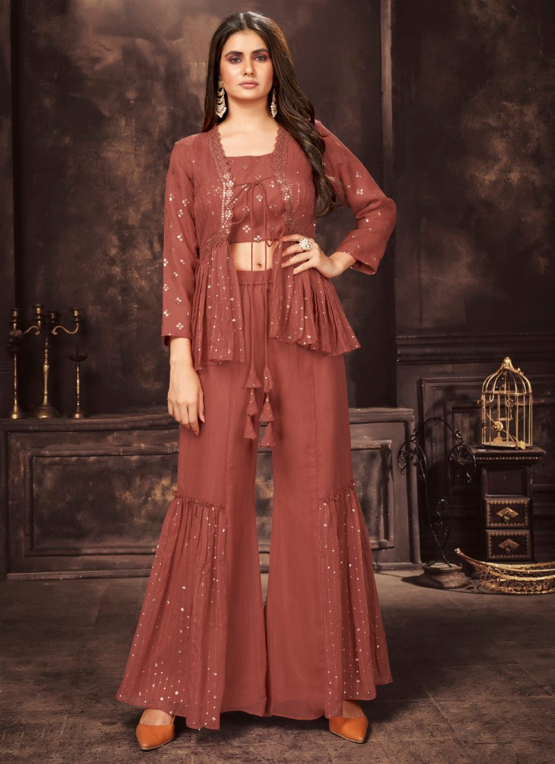 Crimson indo-western style Georgette Palazzosuit