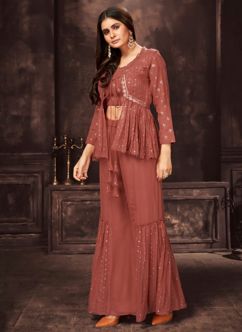 Crimson indo-western style Georgette Palazzosuit