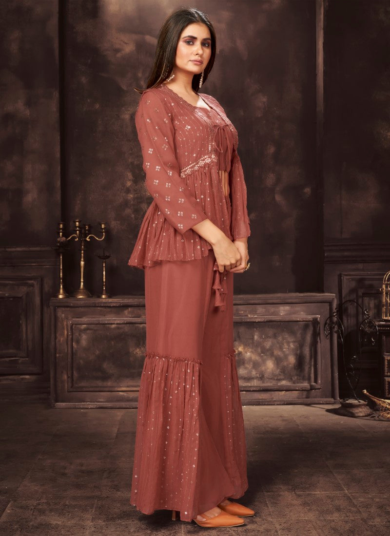 Crimson indo-western style Georgette Palazzosuit