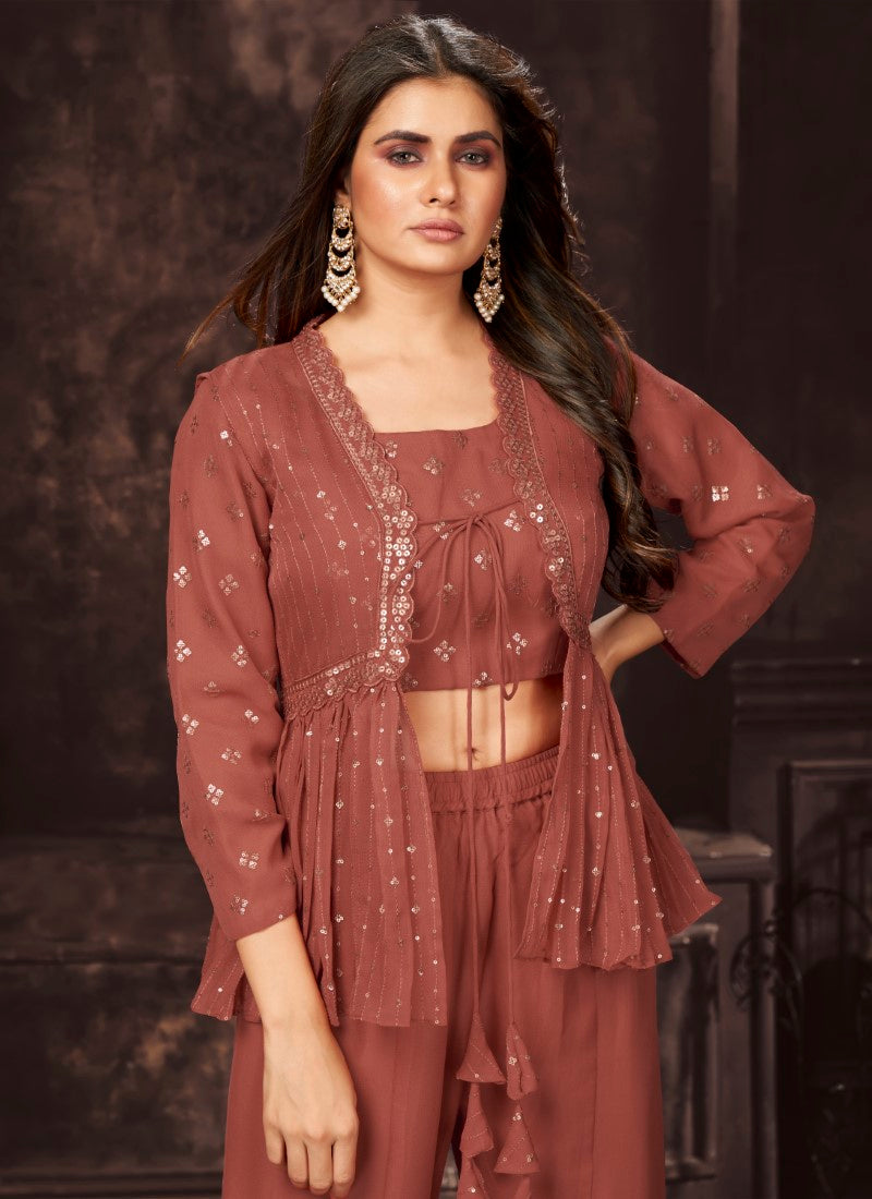 Crimson indo-western style Georgette Palazzosuit