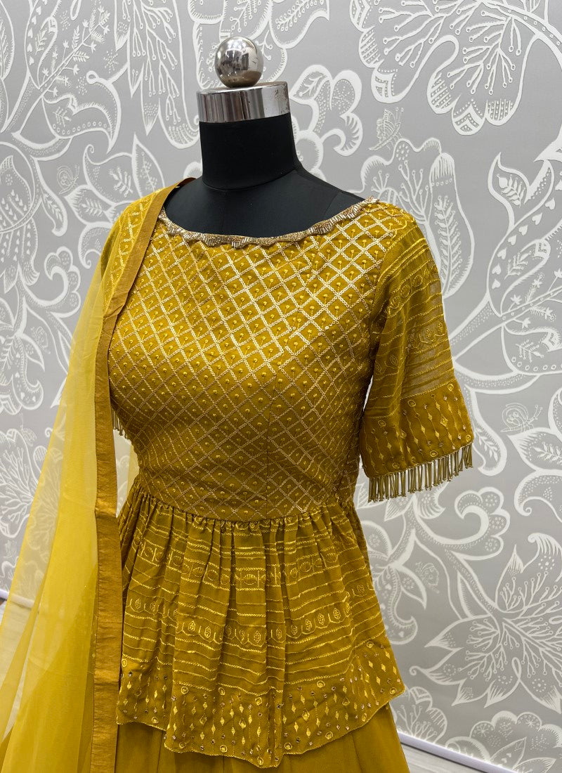 Mustard lehenga and peplum blouse designer ready to wear haldi function outfits