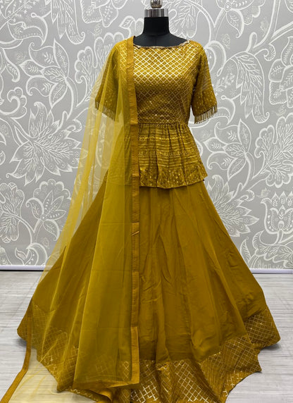 Mustard lehenga and peplum blouse designer ready to wear haldi function outfits