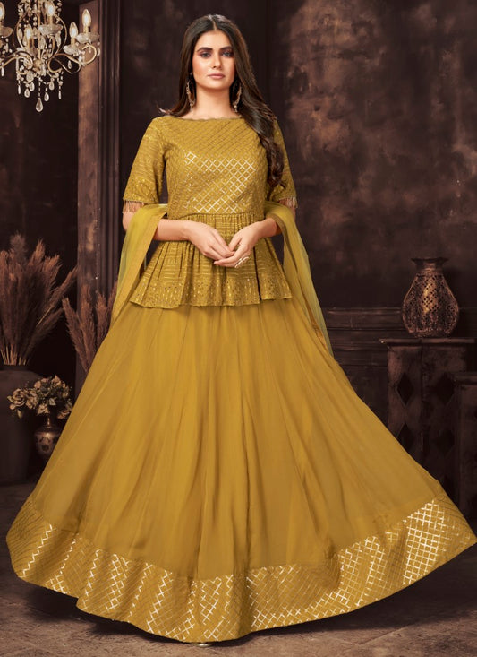 Mustard lehenga and peplum blouse designer ready to wear haldi function outfits