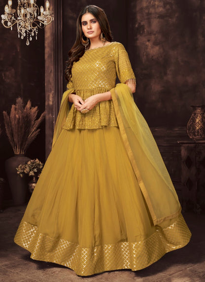 Mustard lehenga and peplum blouse designer ready to wear haldi function outfits