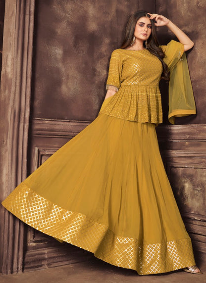 Mustard lehenga and peplum blouse designer ready to wear haldi function outfits