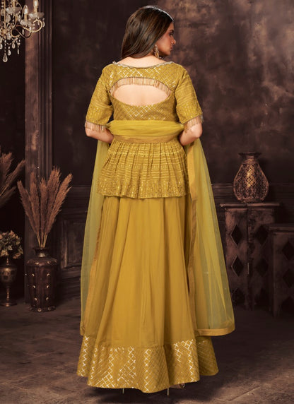 Mustard lehenga and peplum blouse designer ready to wear haldi function outfits