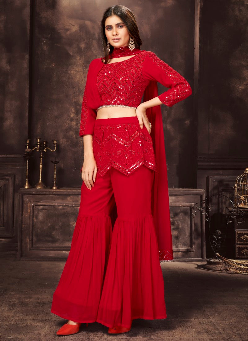 Attractive red palazzo and top combine outfit party to attend