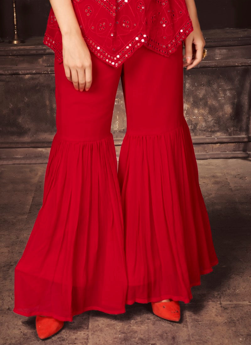 Attractive red palazzo and top combine outfit party to attend