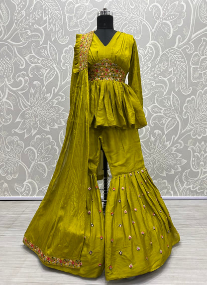 Full stitched pista color designer palazzo suit with platted dupatta