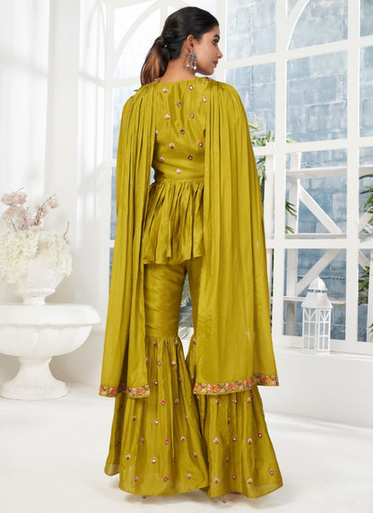 Full stitched pista color designer palazzo suit with platted dupatta