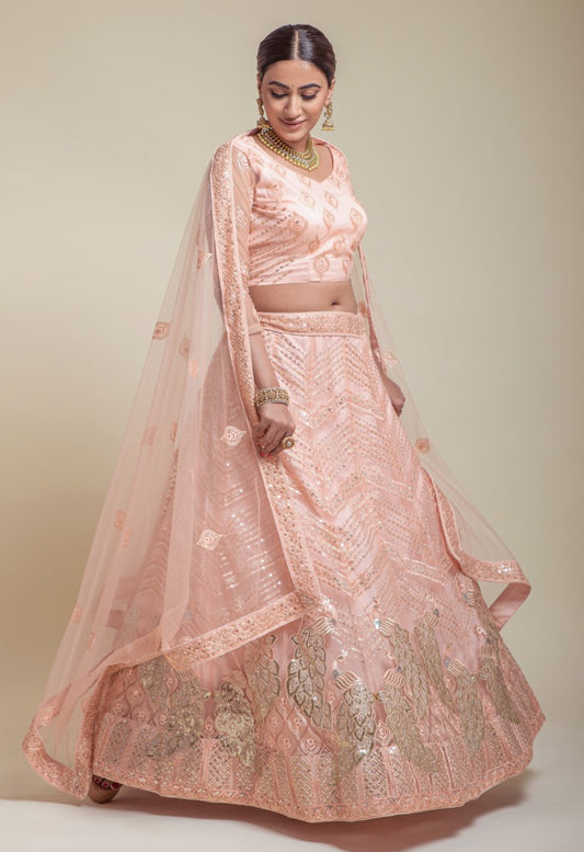 Sequence and Foil embedded Peacock Pattern Designer Lehengacholi