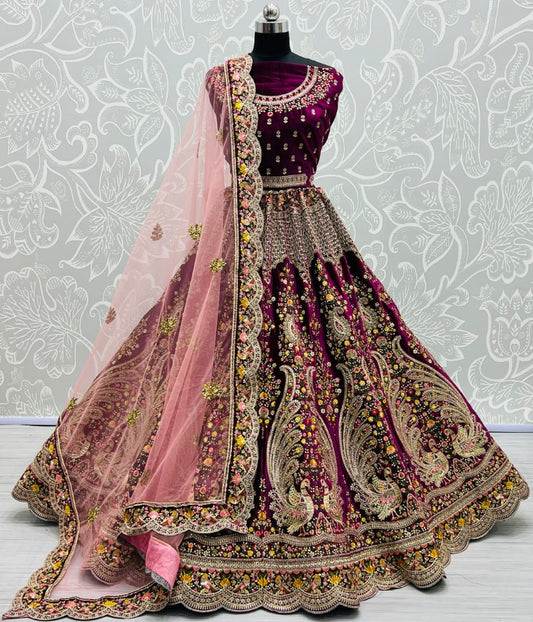 Peacock pattern in various kind of embroidered exclusive bridal Purple lehenga choli