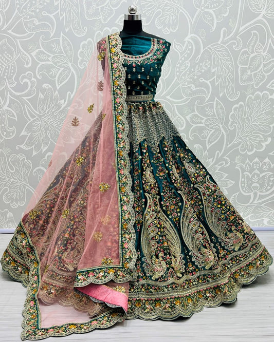 Peacock pattern in various kind of embroidered exclusive bridal lehenga choli Teal