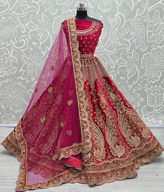 Peacock pattern in various kind of embroidered exclusive bridal Rani lehenga choli in velvet