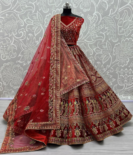 Fabulous embroidery peacock and flower pattern on velvet bridal Lehengacholi Red