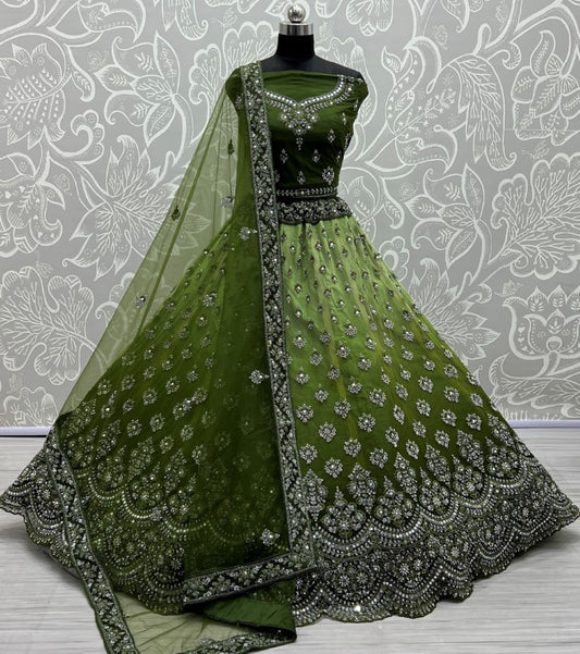 Mirror work in Green Shaded color lehenga choli for weeding season