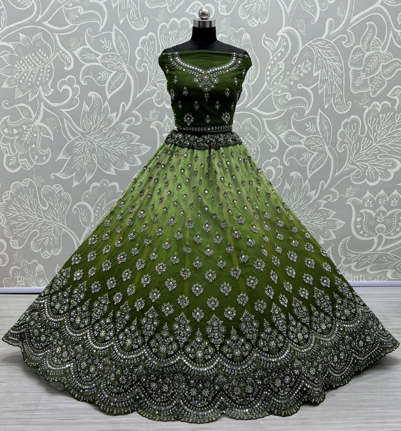 Mirror work in Green Shaded color lehenga choli for weeding season