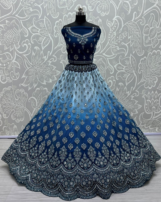 Mirror work in Shaded color Blue Lehenga choli for weeding