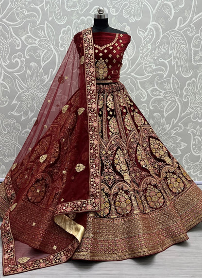 Exceptional craftsmanship on velvet embedded with different kind of embroidery bridal Maroon Lehengacholi