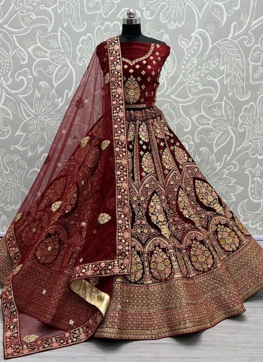 Exceptional craftsmanship on velvet embedded with different kind of embroidery bridal Maroon Lehengacholi