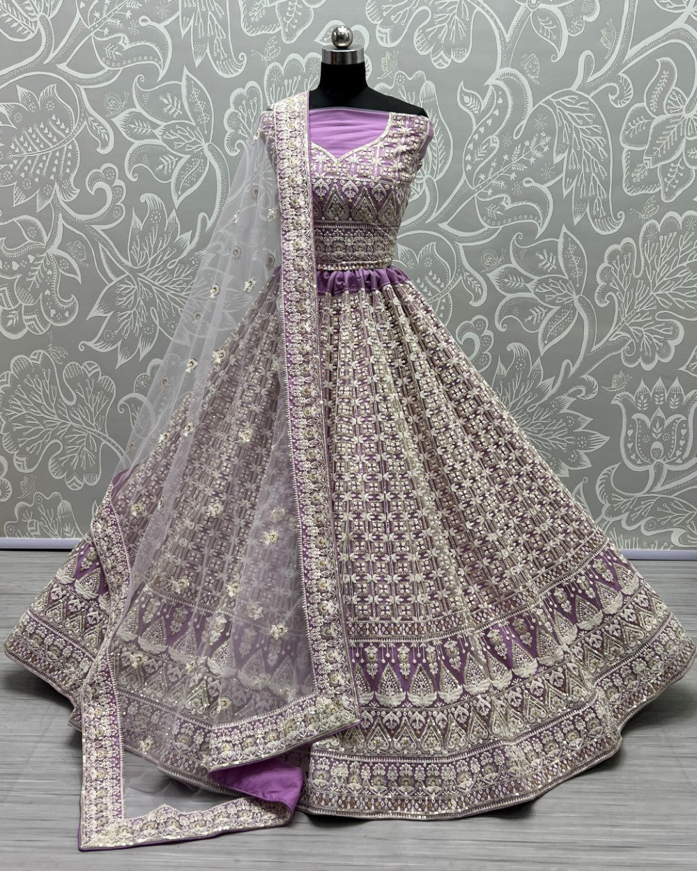 Sequence and patterned thread embroidery Designer Lilac Lehengacholi