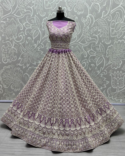 Sequence and patterned thread embroidery Designer Lilac Lehengacholi