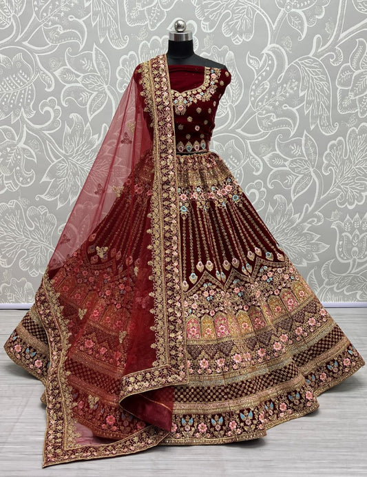 Multi thread and Dori work combine velvet Brown Lehengacholi