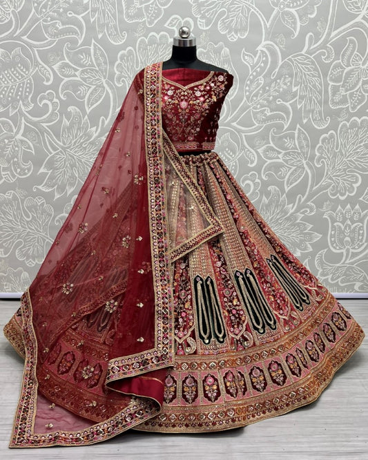 Detailed thread and sequins with embroidered velvet patch work designer double dupatta Bridal Lehengacholi