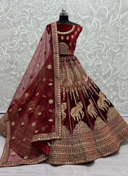 Sabyasachi Inspired Extraordinary Art Of Work and Detailed Embroidery on Maroon Bridal  Lehengacholi inspired