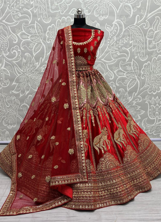 Sabyasachi Inspired Extraordinary Art Of Work and Detailed Embroidery on Red Bridal Lehengacholi inspired