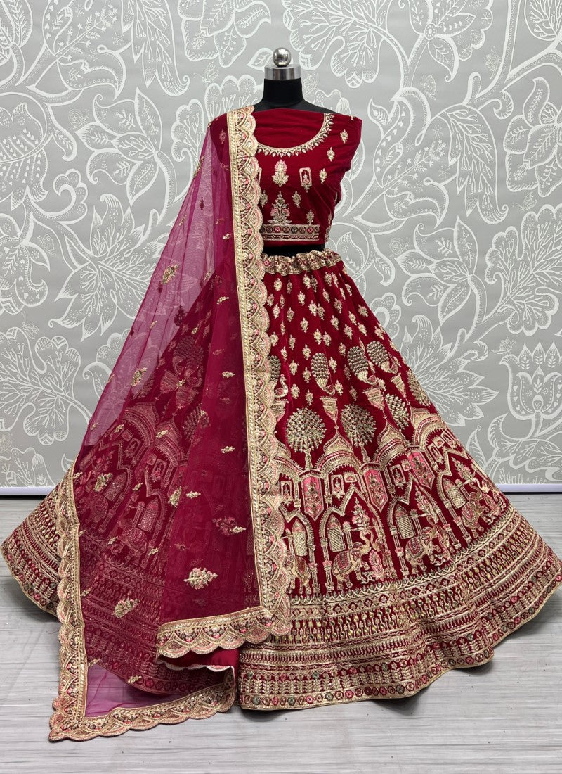 Designer Gajraj Embroidered Rani Pink Velvet Lehengacholi