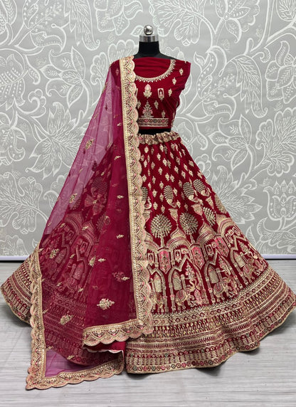 Designer Gajraj Embroidered Rani Pink Velvet Lehengacholi