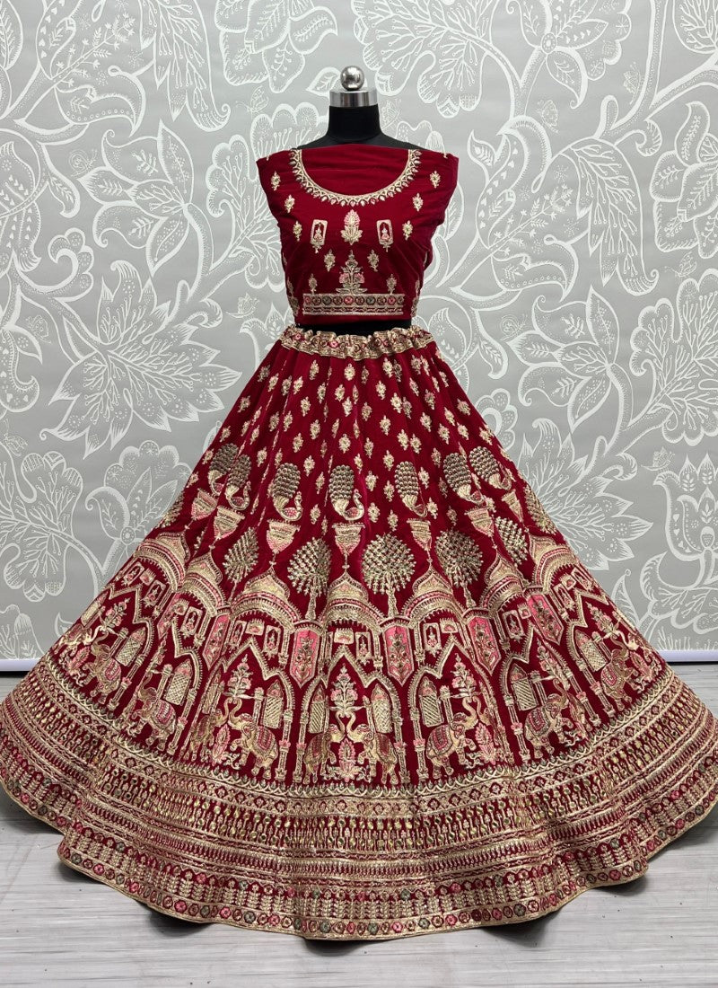 Designer Gajraj Embroidered Rani Pink Velvet Lehengacholi