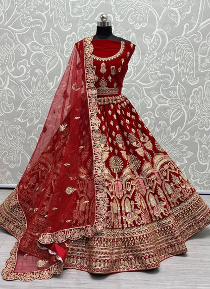 Designer Gajraj Embroidered Red Velvet Lehengacholi