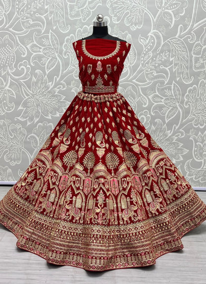 Designer Gajraj Embroidered Red Velvet Lehengacholi