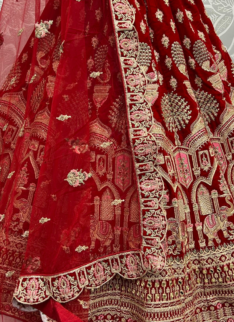 Designer Gajraj Embroidered Red Velvet Lehengacholi