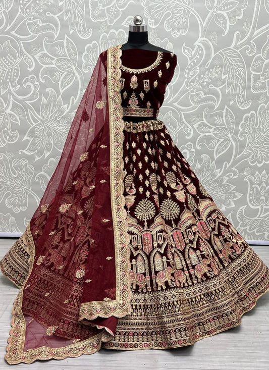 Designer Gajraj Embroidered Maroon Velvet Lehengacholi