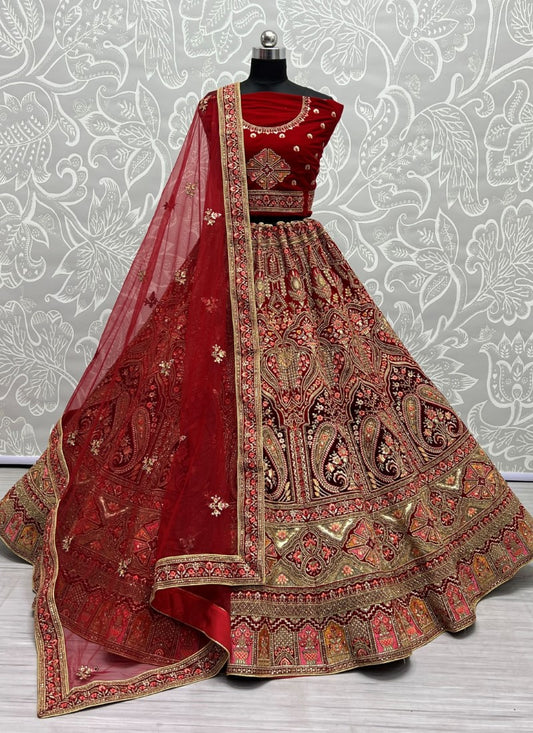 Detailed Zari Embroidered Heavy work with sequins Designer Red Bridal Lehengacholi