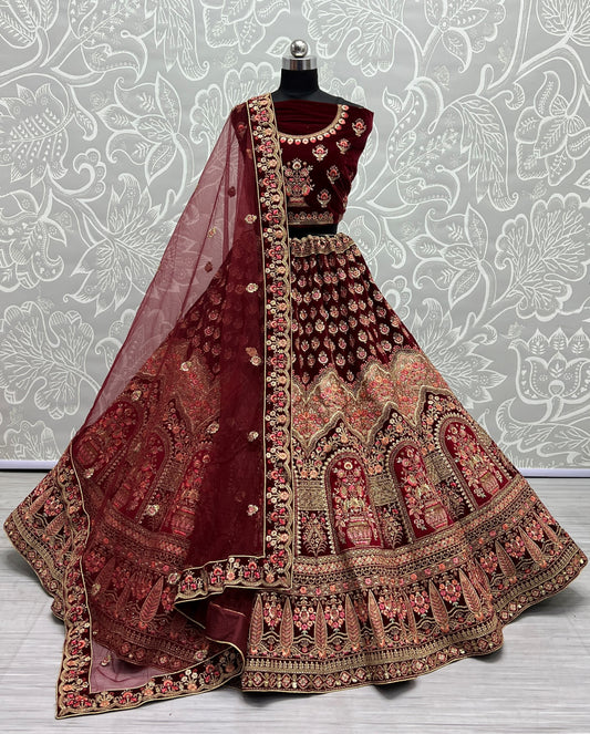 Fabulously Crafted Embroidered Work with Knotted Dori Work Lehengacholi in Velvet Brown