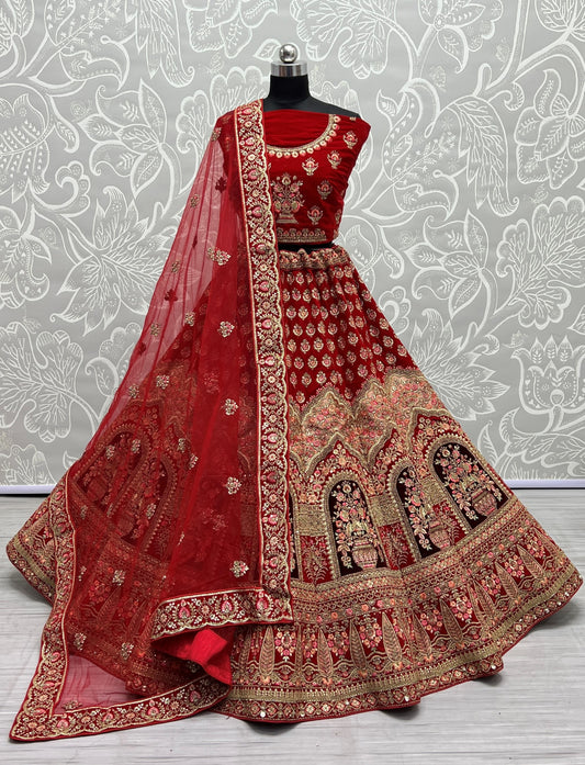 Fabulously Crafted Embroidered Work with Knotted Dori Work Lehengacholi in Velvet Red