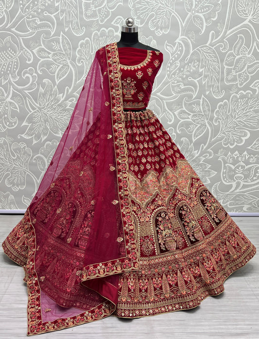 Fabulously Crafted Embroidered Work with Knotted Dori Work Lehengacholi in Velvet Pink