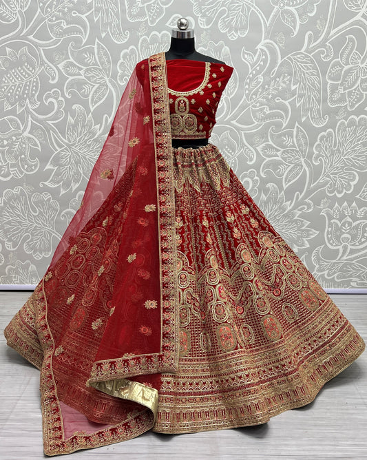 Antique zari and Dori embroidered Velvet Lehengacholi Red