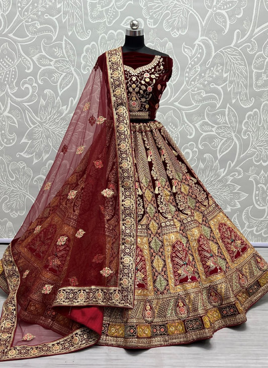 Multi Patterns Work with different patch embroidered Maroon Lehengacholi