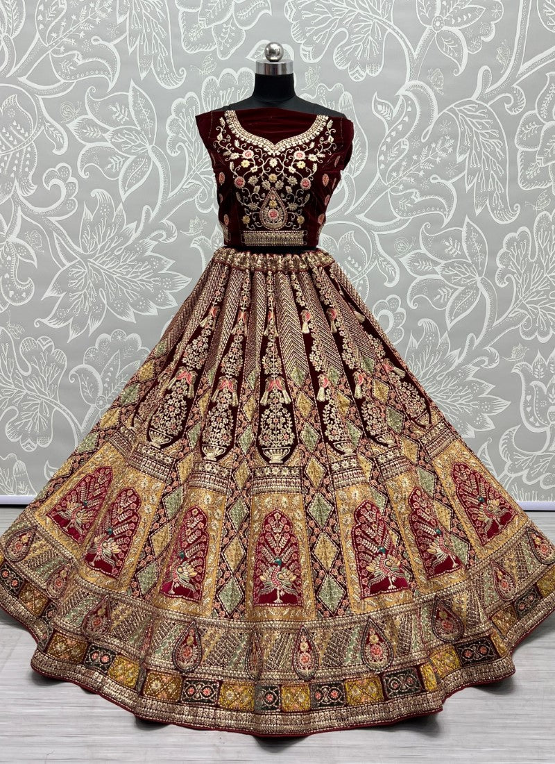 Multi Patterns Work with different patch embroidered Maroon Lehengacholi