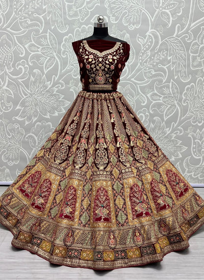 Multi Patterns Work with different patch embroidered Maroon Lehengacholi