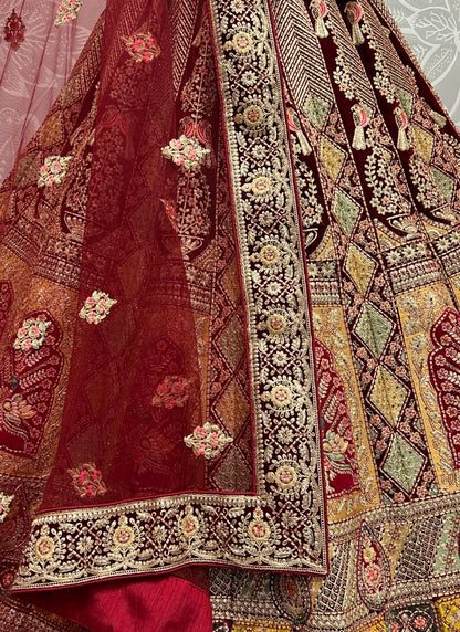 Multi Patterns Work with different patch embroidered Maroon Lehengacholi